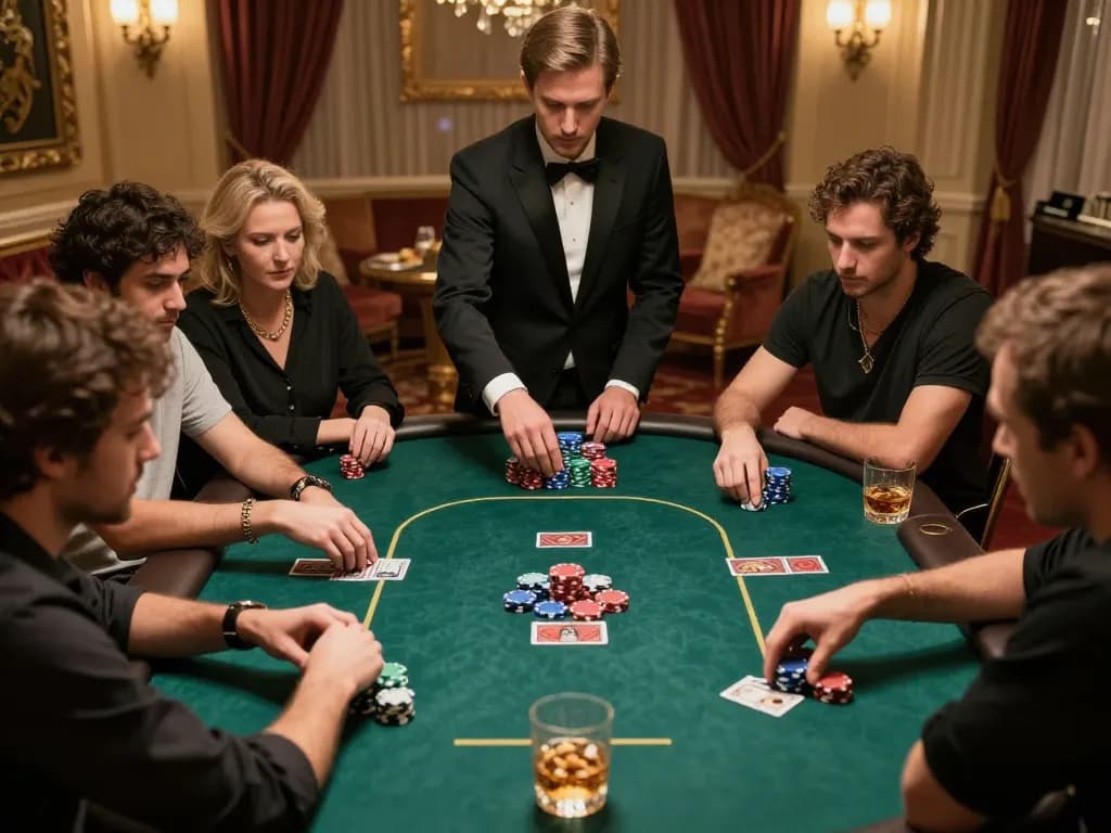 Link luck8 shows intense high-stakes poker gameplay, players strategizing in luxurious ambiance.