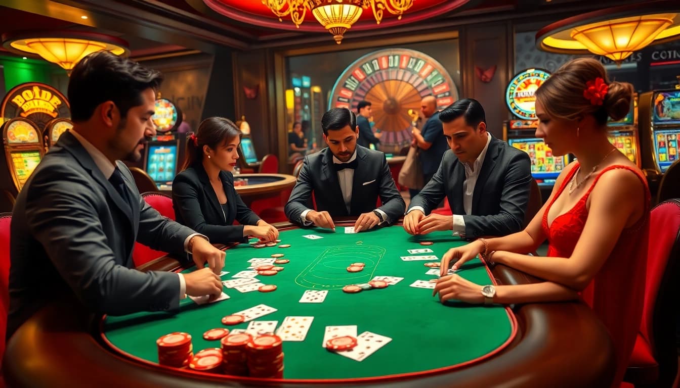 DA88 themed poker table with vibrant chips and elegant cards in a luxurious casino setting.
