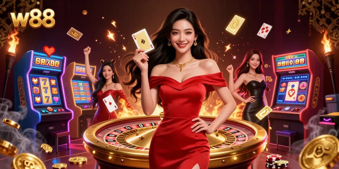 Experience the excitement of w88 with vibrant illustration of a stunning casino scene featuring slots and roulette.
