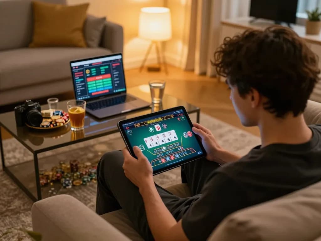 Max88pro player engaged in online baccarat game on tablet in a cozy living room