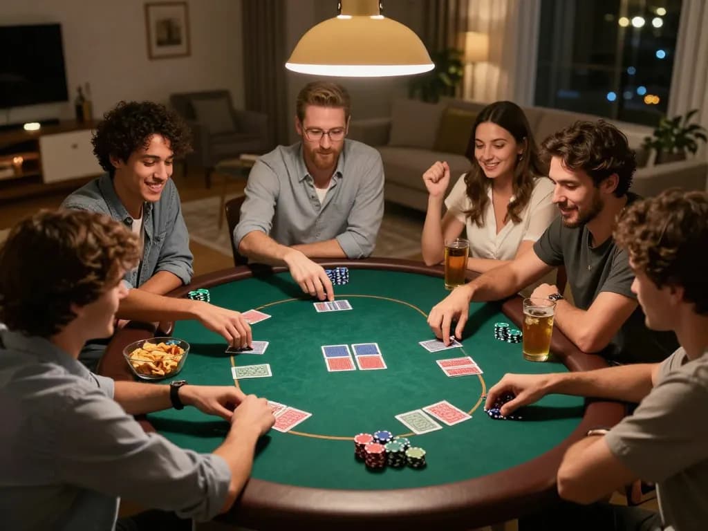 Players engage in an exciting poker game at home, showcasing Fly88 community and strategy.