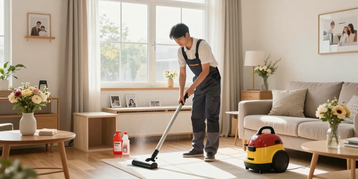 Professional cleaner ensuring pristine spaces for a reinigungsfirma schweiz in a bright and inviting living room.