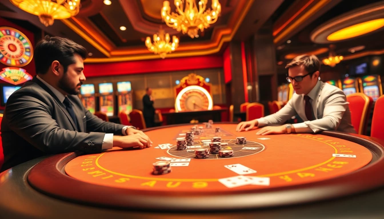 JBO poker players strategizing at an elegant casino table amidst vibrant gaming elements.