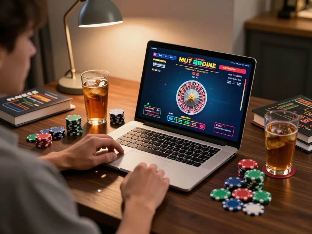 Engaging online gaming session at nhà cái 33win with a laptop displaying roulette, showcasing strategic gambling.