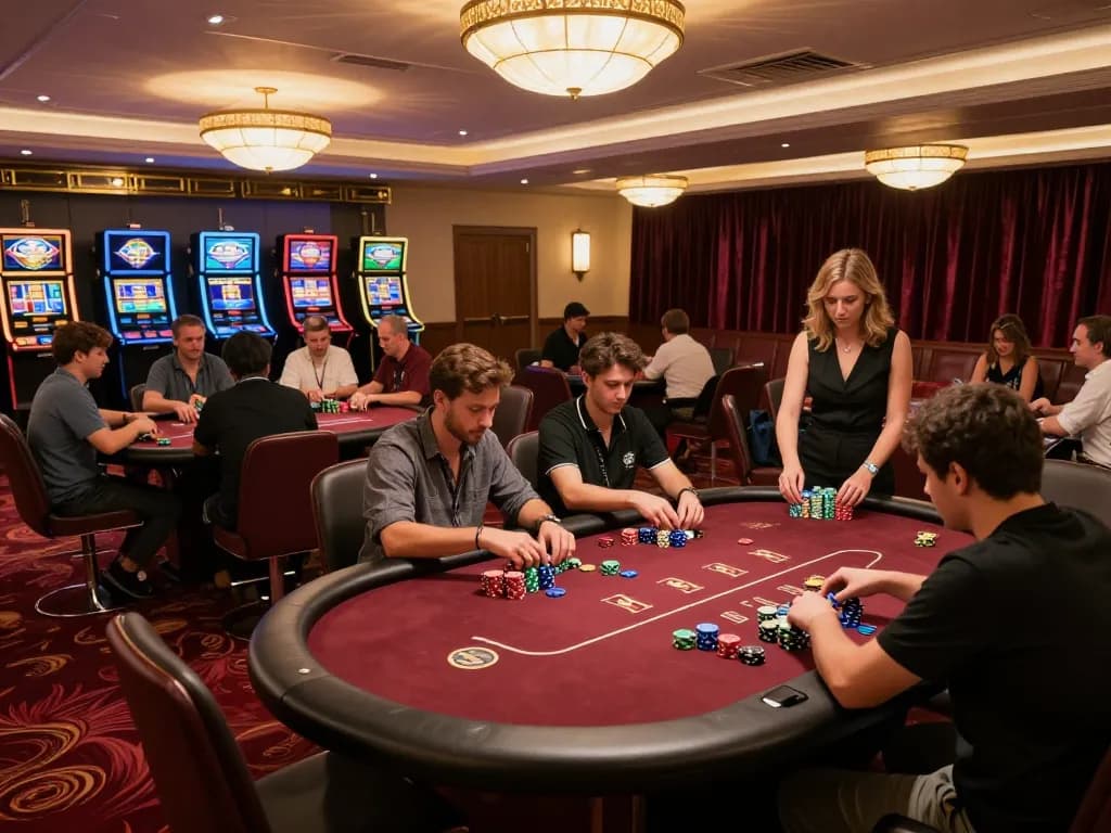 Players strategizing in a vibrant casino scene showcasing LINK DA88 with poker tables and dealer activity