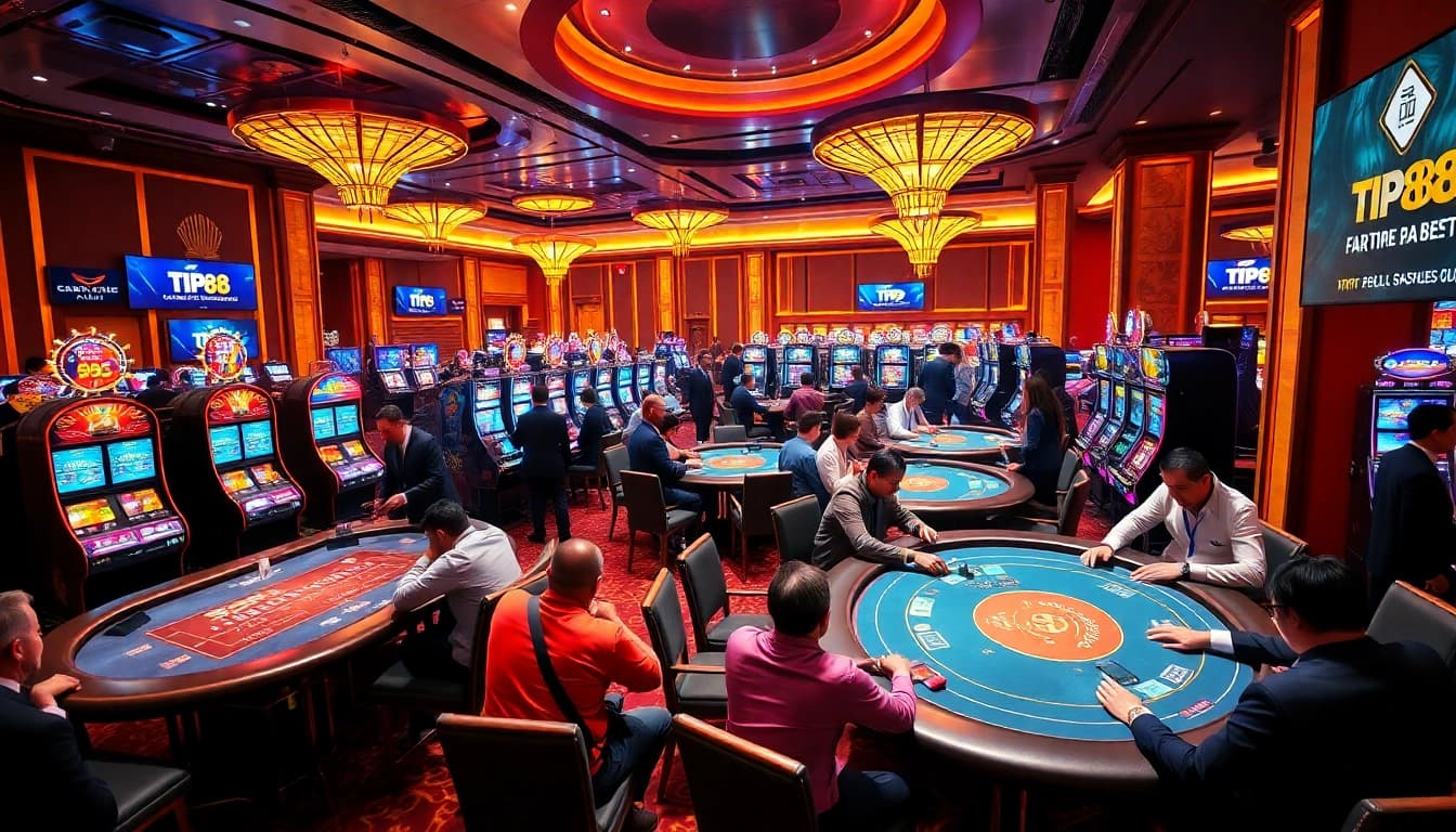 TIP88 players engaged in thrilling gameplay at a vibrant casino with poker tables and slot machines.