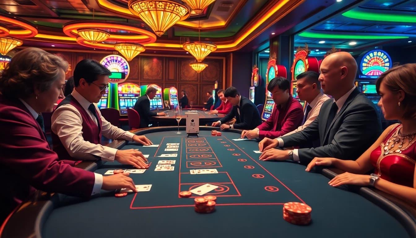 Experience the excitement of gambling with a vibrant casino scene from https://xibet1.com/ featuring players engaged at the blackjack table.