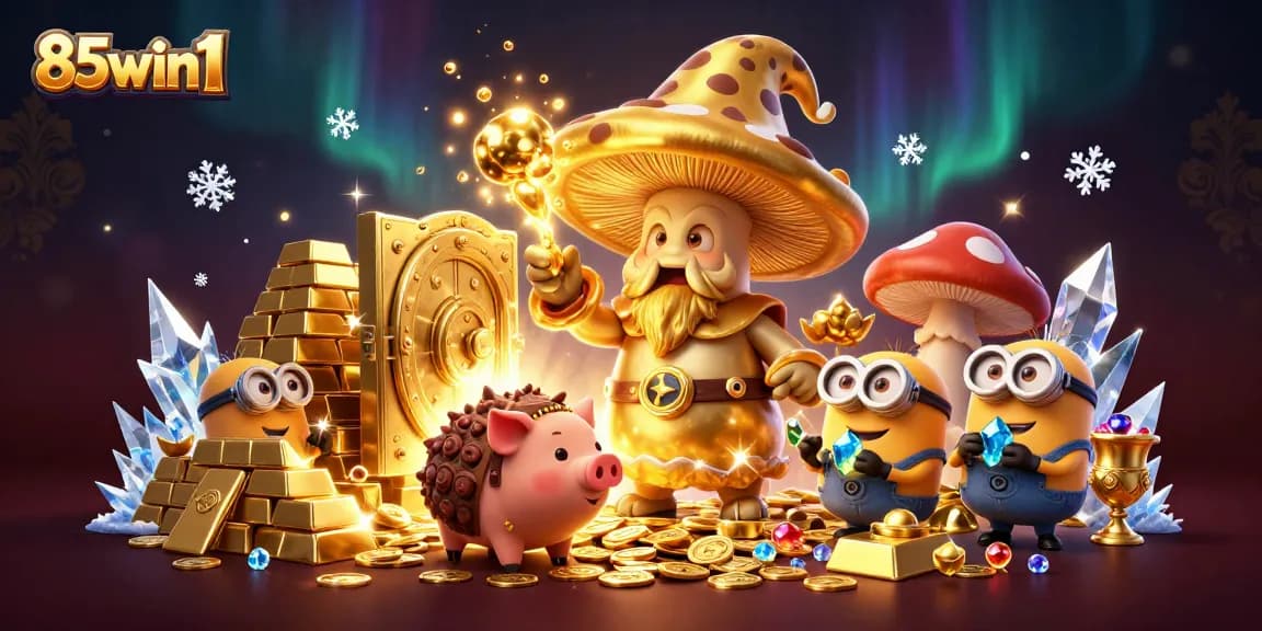 Win big at 85win1 with this vibrant casino scene filled with gold, treasures, and excitement.