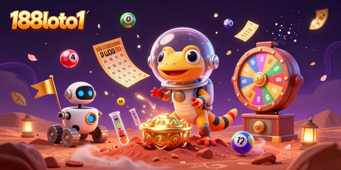 Experience the excitement of 188loto1 as a Martian gecko finds a golden casino on Mars in this vibrant illustration.