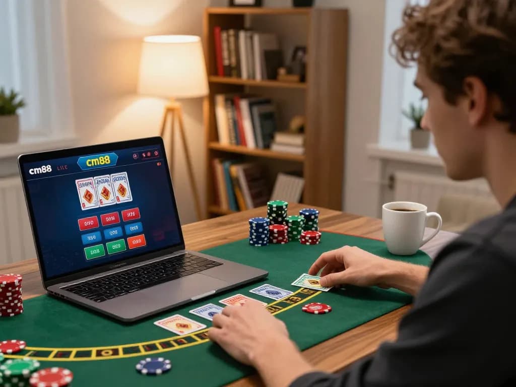 Player engaging in live dealer blackjack game at cm88, showcasing online gambling excitement in a cozy home.
