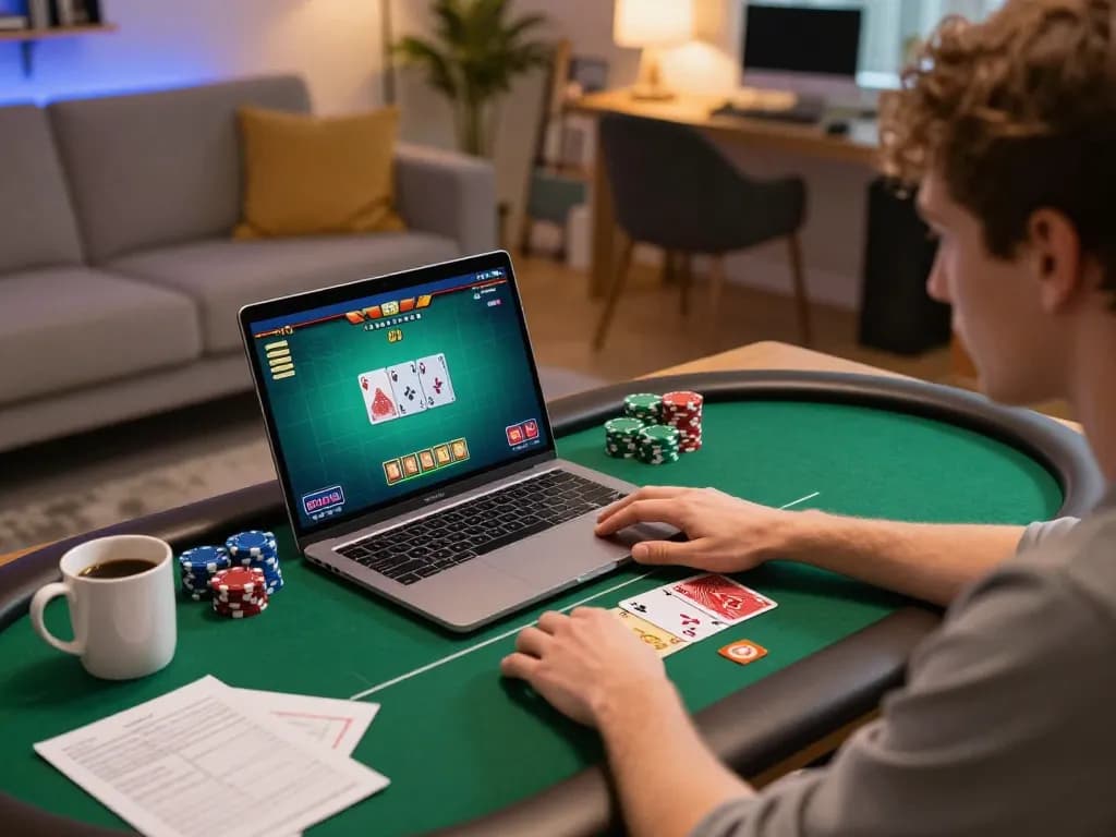 Engaging in online poker gaming with 88xeng on a modern laptop, showcasing strategic gameplay and a cozy atmosphere.