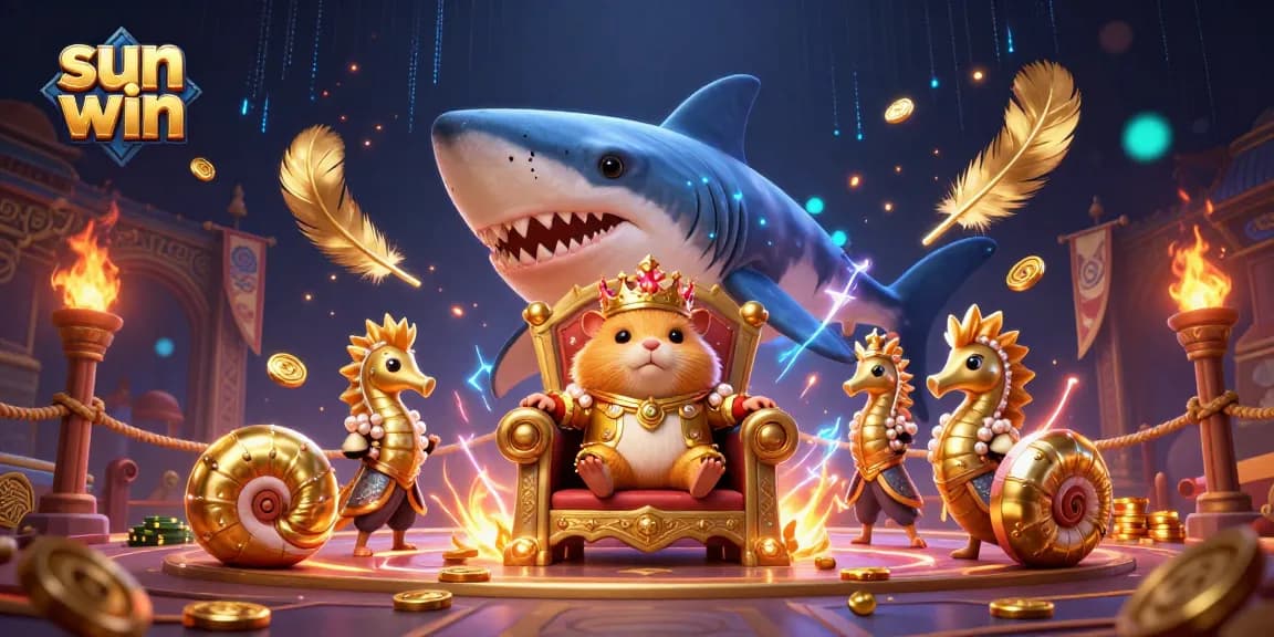 Experience thrilling gaming action at sun win with a fierce golden hamster king amidst vibrant casino elements.