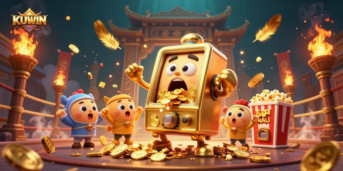 KUWIN's golden slot machine hits jackpot as coins pour out, celebrating in vibrant casino scene.