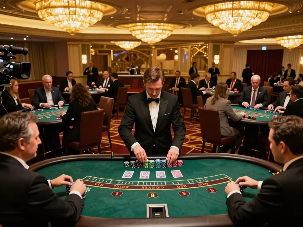 Miso 88 blackjack players strategizing at a luxurious casino table, vibrant ambiance enhancing the game atmosphere.