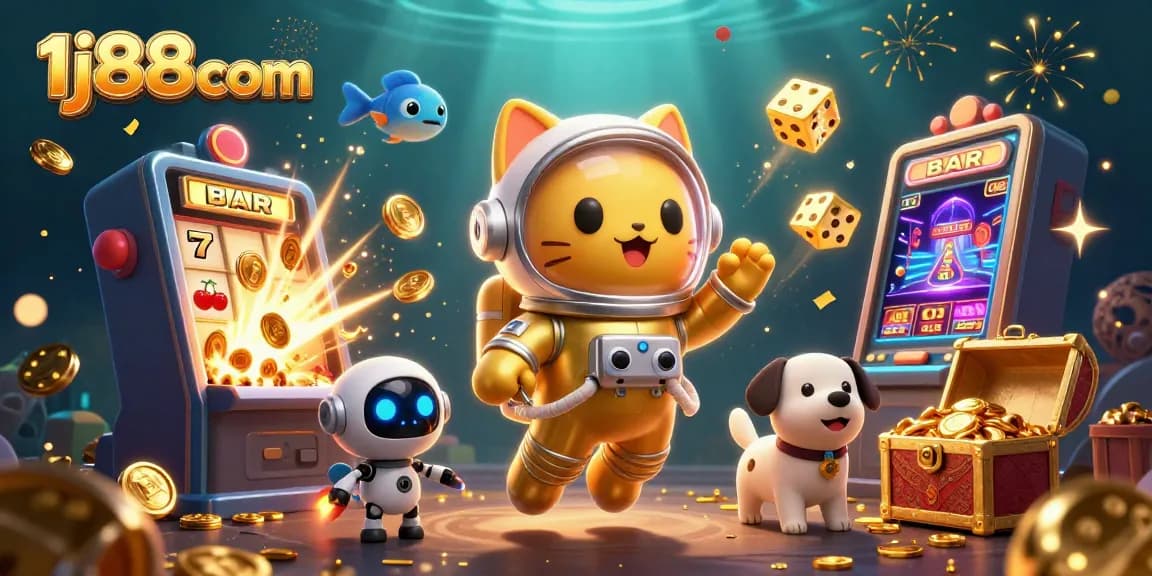 Engage with 1j88com in this vibrant casino-themed galaxy with a playful cat and dog in action.