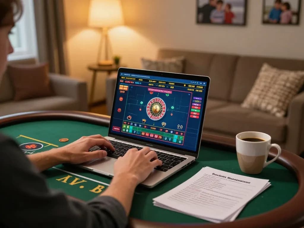 Person enjoying 77789vip online casino games from home, focusing on responsible gaming practices.