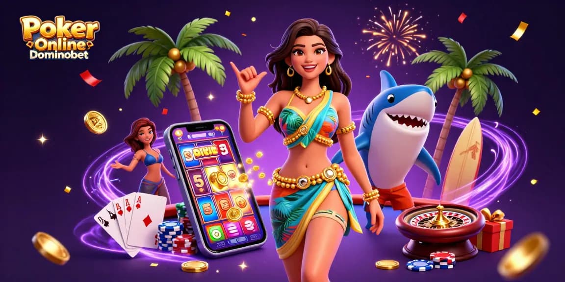Engage in Poker Online Dominobet with vibrant 3D action featuring playing cards, chips, and festive elements.