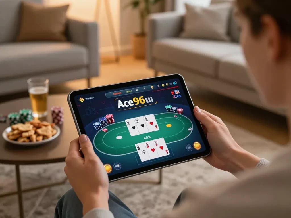 Engaging with Ace96au online poker gameplay on a cozy modern tablet setup