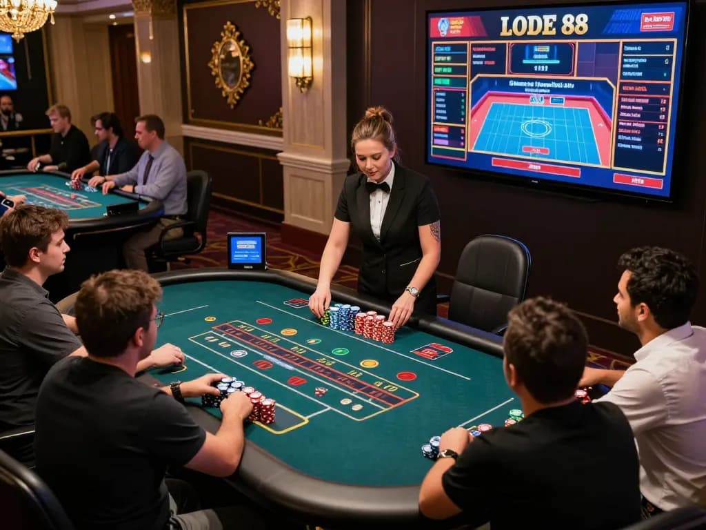 Engaging gameplay scene at LODE 88 online casino with dealers and players in action.