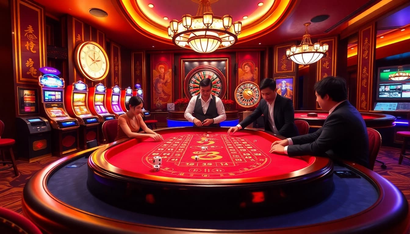 TÀI XỈU SUNWIN action at a vibrant casino table with dice rolling and players engaged.