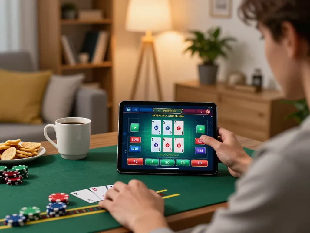 rikvip player holding tablet for blackjack strategy in a cozy living room