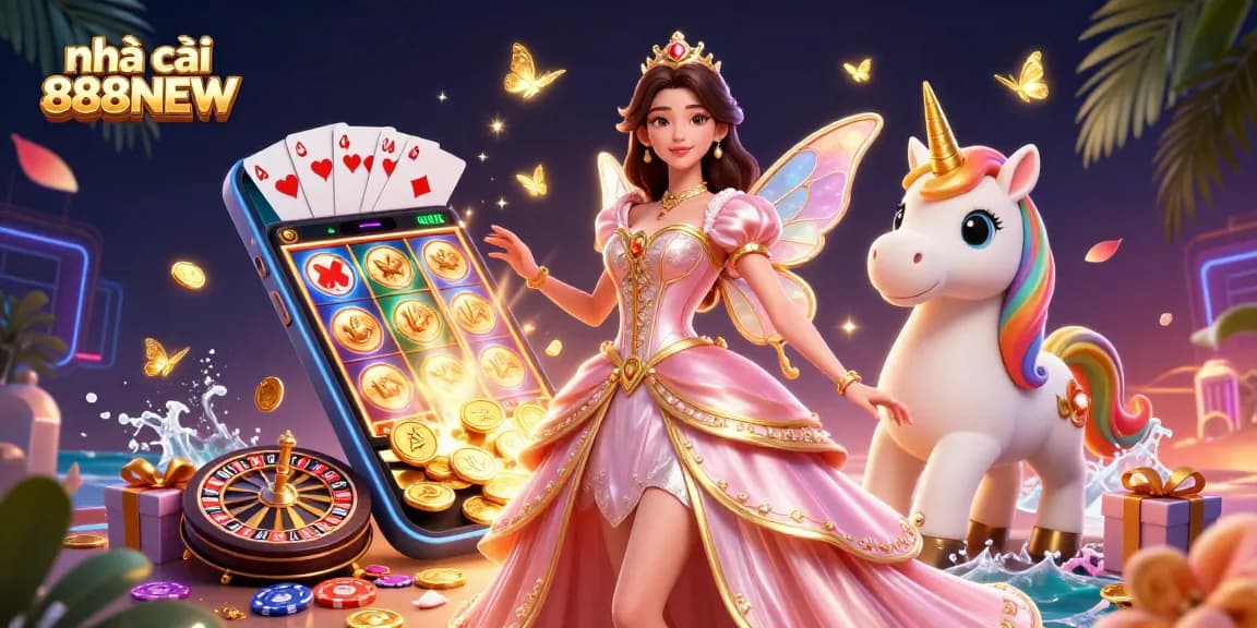 Experience the thrill of nhà cái 888NEW with glamorous scenes of gaming magic, featuring festive slot games and vibrant action.