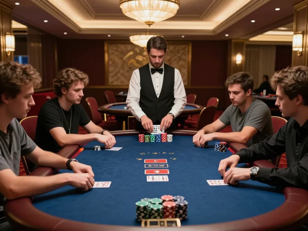 Engaged players at a high-stakes poker game on dw8, showcasing strategic betting in a luxurious casino setting.