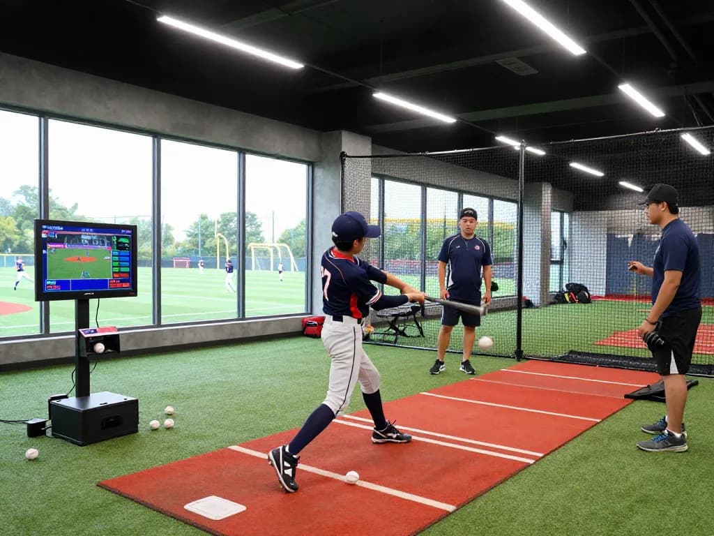 Young athlete training at hitclub's advanced indoor baseball facility, focused on improving batting performance.