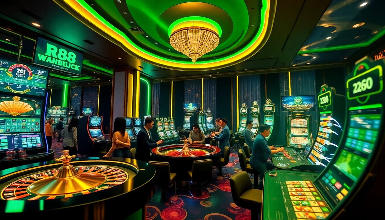 RR88 players engaging in thrilling casino games with vibrant slot machines and poker chips.