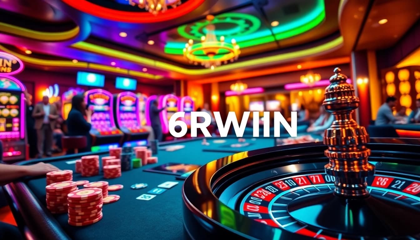 A dynamic casino scene at 6RWIN featuring excited players, cards, chips, and a roulette wheel.
