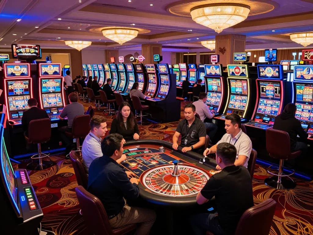 Engaging players at hm88's vibrant casino floor with dynamic slot machines and roulette games.