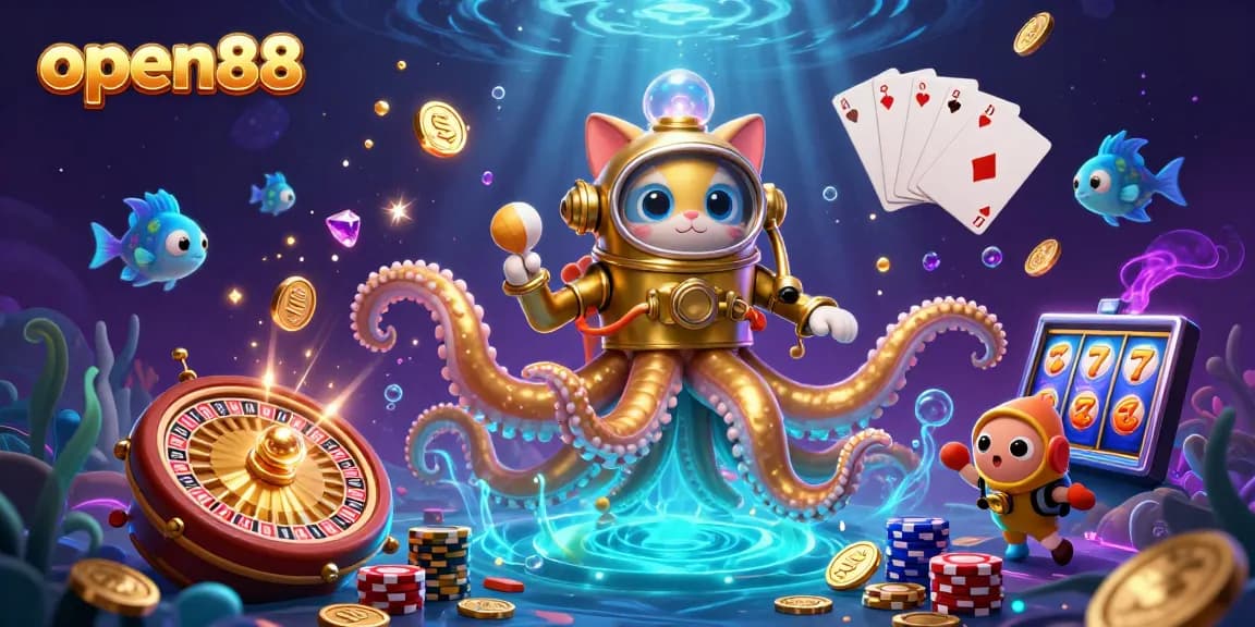 Spin to win with open88 as the kraken and diving cat reveal treasures in a vibrant casino scene.