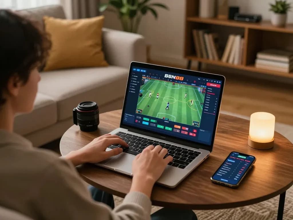 SIN88 sports betting experience in a cozy home setting with laptop and smartphone