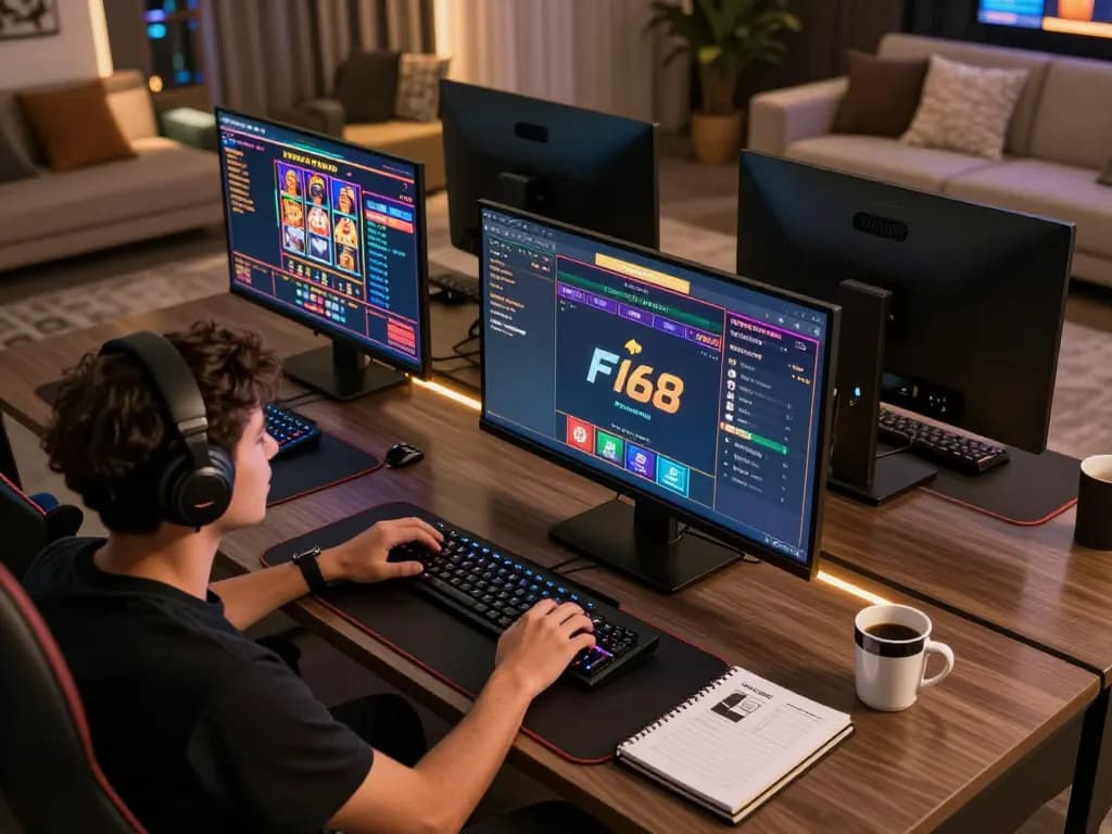 F168 player immersed in online gaming with live dealer and slots on multiple screens in a cozy home.