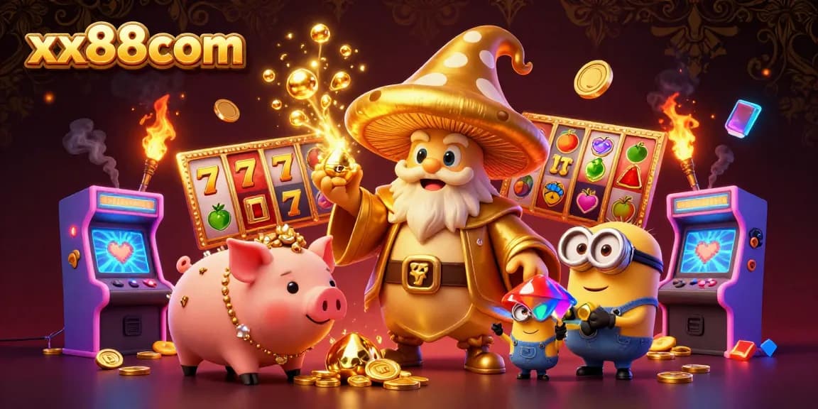 Win big with exciting features at xx88com in this vibrant casino scene full of treasures and gaming elements.