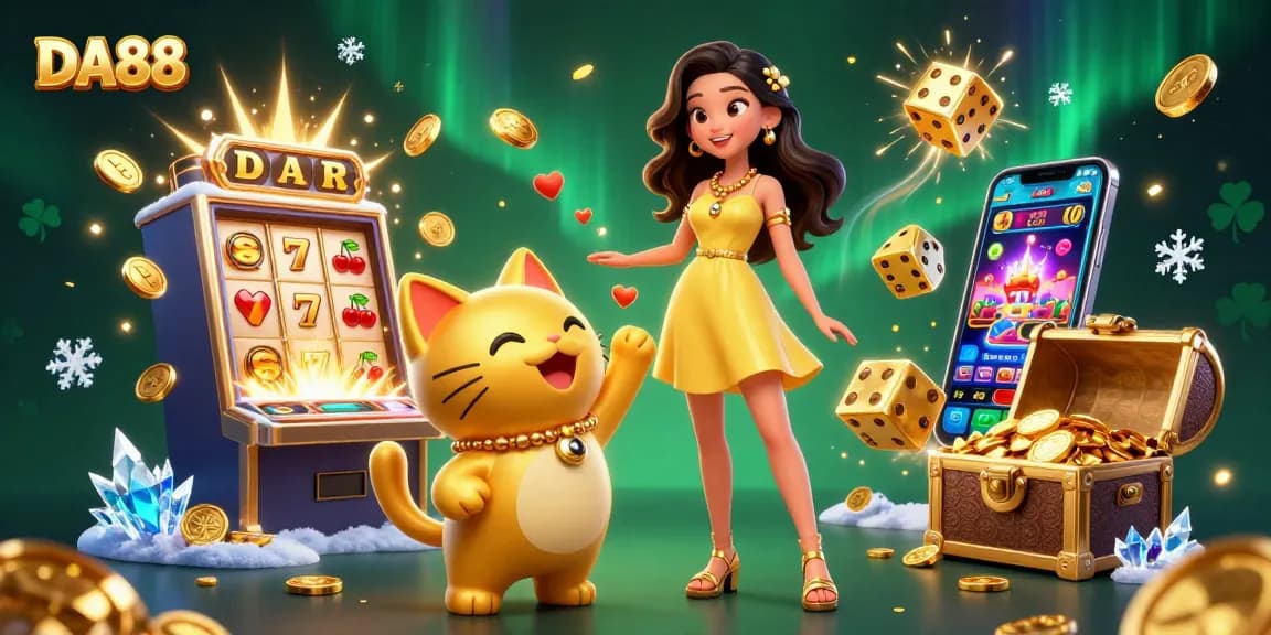 Spin and win at DA88, showcasing a joyous Asian woman and lucky cat amid a jackpot explosion with rich casino elements.