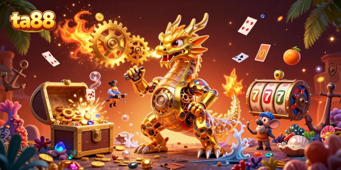Experience ta88's thrilling adventures with a golden dragon surrounded by dynamic casino gaming elements.