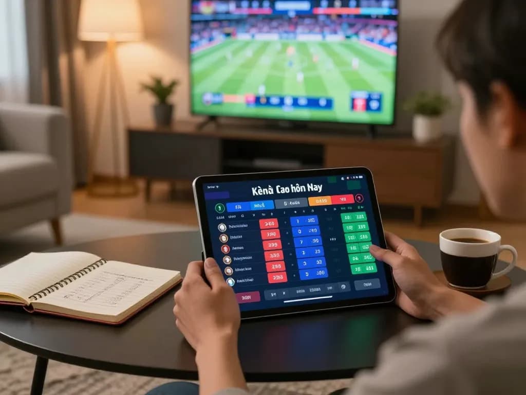 Kèo nhà cái hôm nay displayed on a tablet during an exciting sports betting session at home.