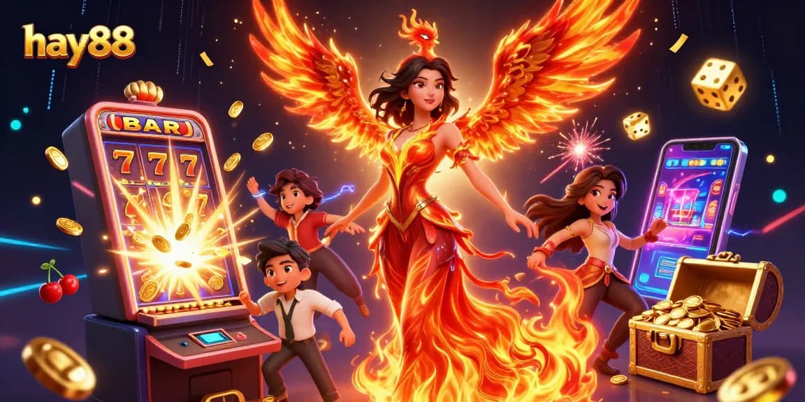 Spin the reels and win at hay88 with a stunning Asian woman in a fiery gown amidst jackpot excitement.