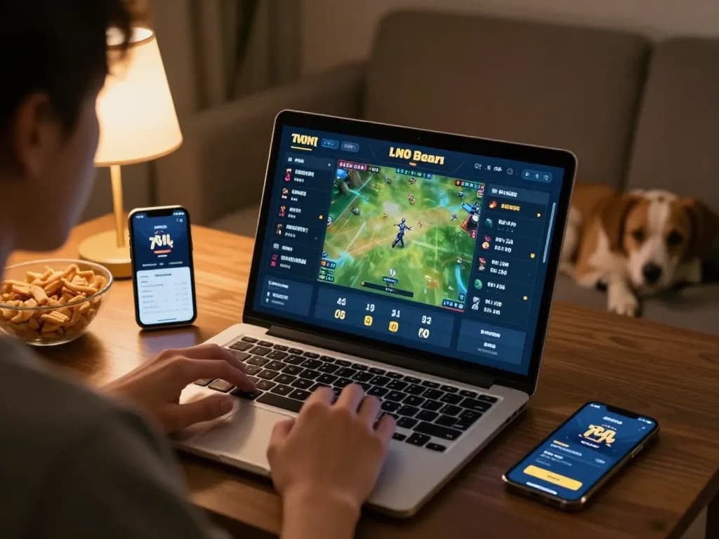 Betting with excitement on 78win platform during a live sports event on laptop