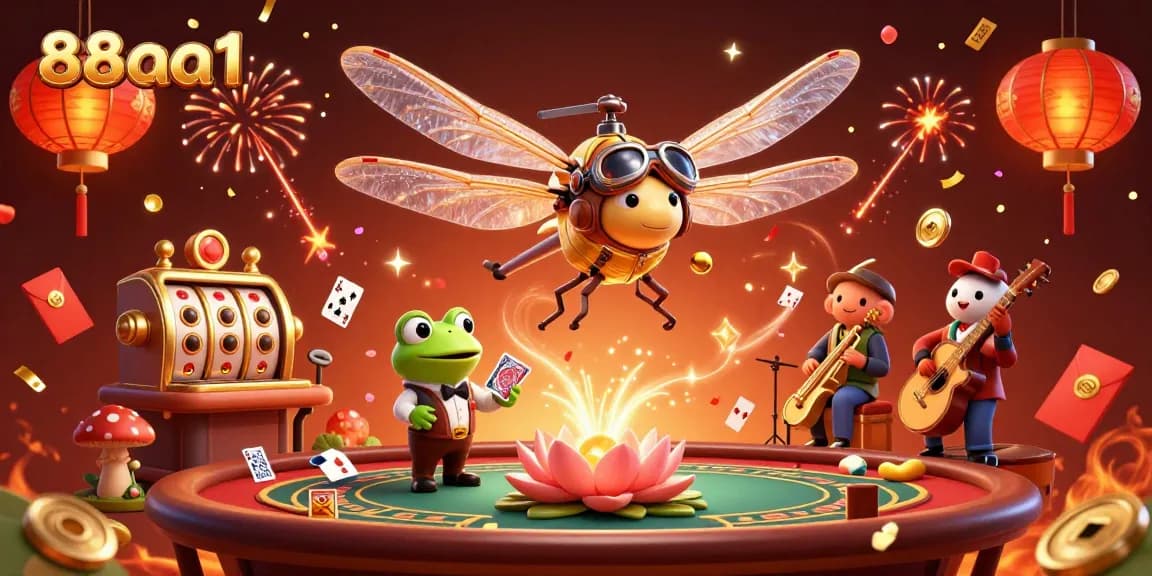 Experience the vibrant world of 88aa1 with an illustrated casino scene featuring thrilling card games and festive elements.