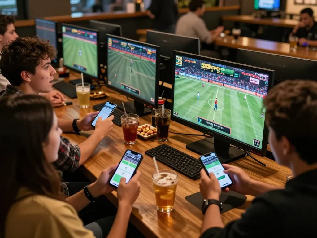 Excited friends engaged in sports betting using the OPEN88 app at a lively sports bar