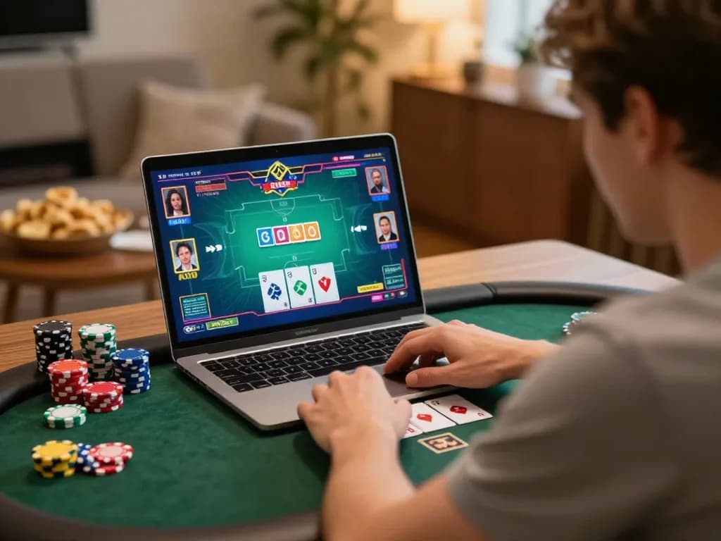 Engaging online poker strategy gameplay at home with 88CLUB interface on screen, showcasing responsible gambling.
