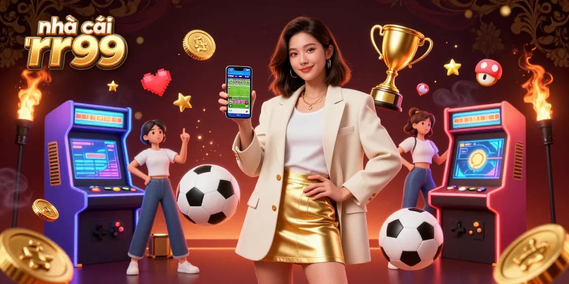 Engage with nhà cái rr99 in this vibrant sports betting illustration showcasing a woman with a smartphone.