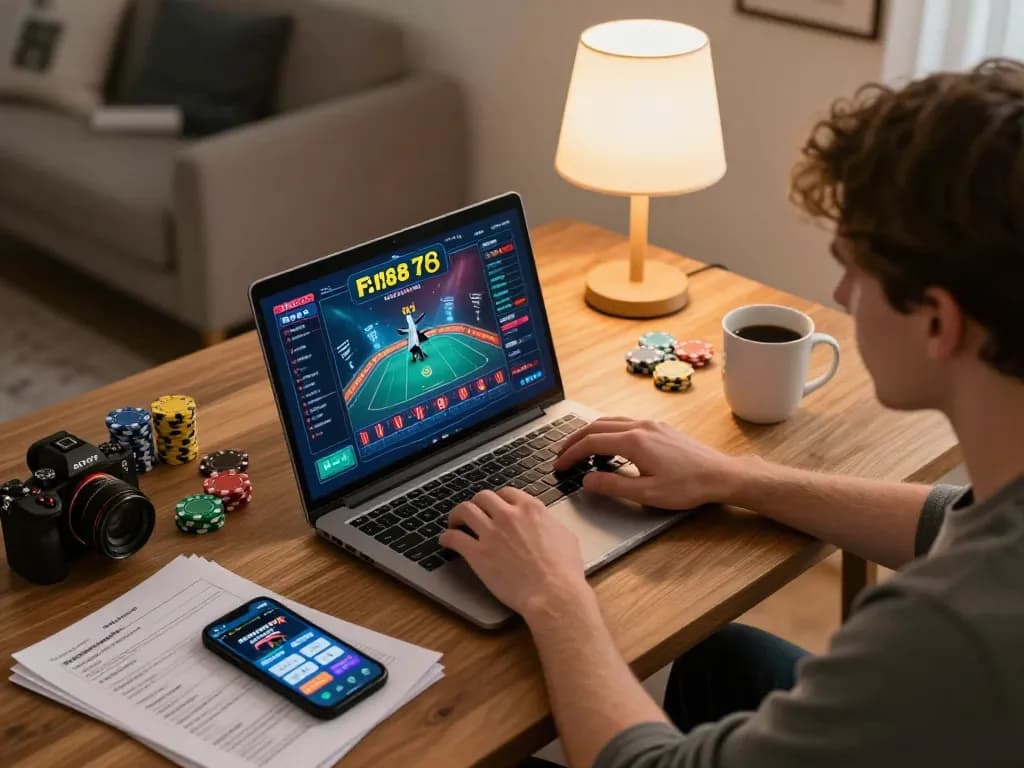 Engaged player at home using F168 for online gambling with gaming notes and smartphone.