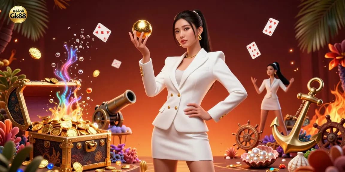 The photorealistic Asian woman representing nhà cái Gk88 holds a roulette ball, surrounded by vibrant casino elements.