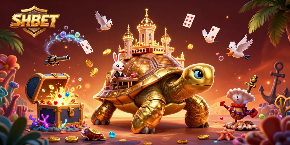 SHBET's vibrant casino experience with a golden tortoise, rabbit dealer, and flying coins.
