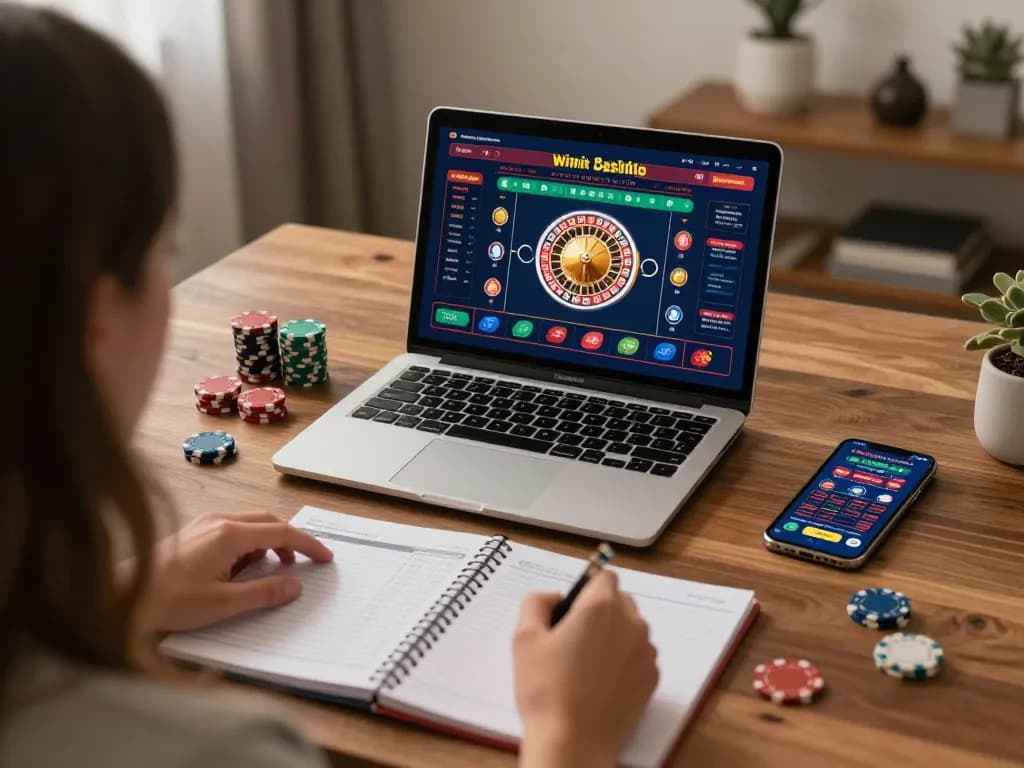 Engaged in winwin online casino roulette with chips and strategy notes at home