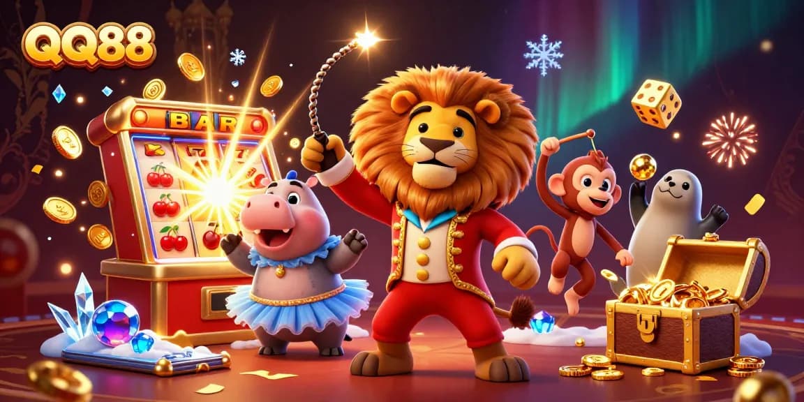 Experience the excitement of QQ88 with a vibrant 3D casino scene showcasing dynamic gaming elements and playful characters.