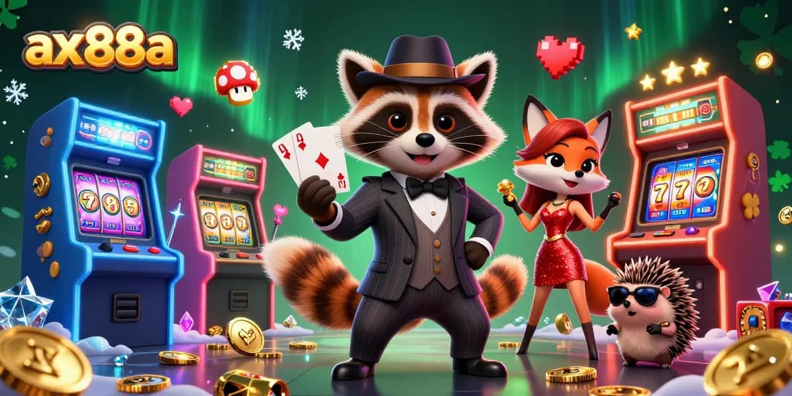 Experience thrilling gameplay at ax88a with raccoon, fox, and hedgehog at a vibrant casino.